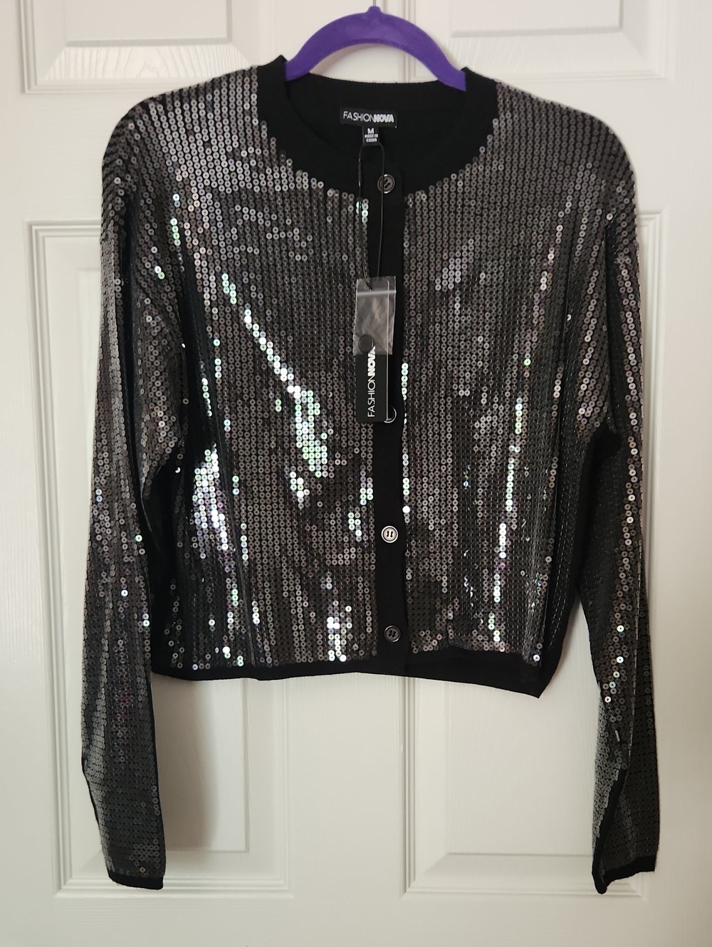 Fashion Nova Black Sequin Button Cardigan